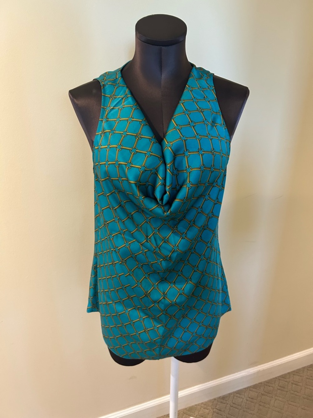 MICHAEL Michael Kors Teal Sleeveless Drape-Neck Chain-Print Top Size M